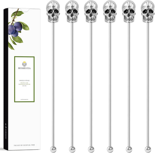 Homestia Coffee Stick Stainless Steel Swizzle Sticks Reusable Metal Stir Sticks Cocktail Coffee Drink Stirrer Spoon Beverage Cocktail Stirrers Stir with Skull Halloween Party (7.5'' Long, Set of 6)