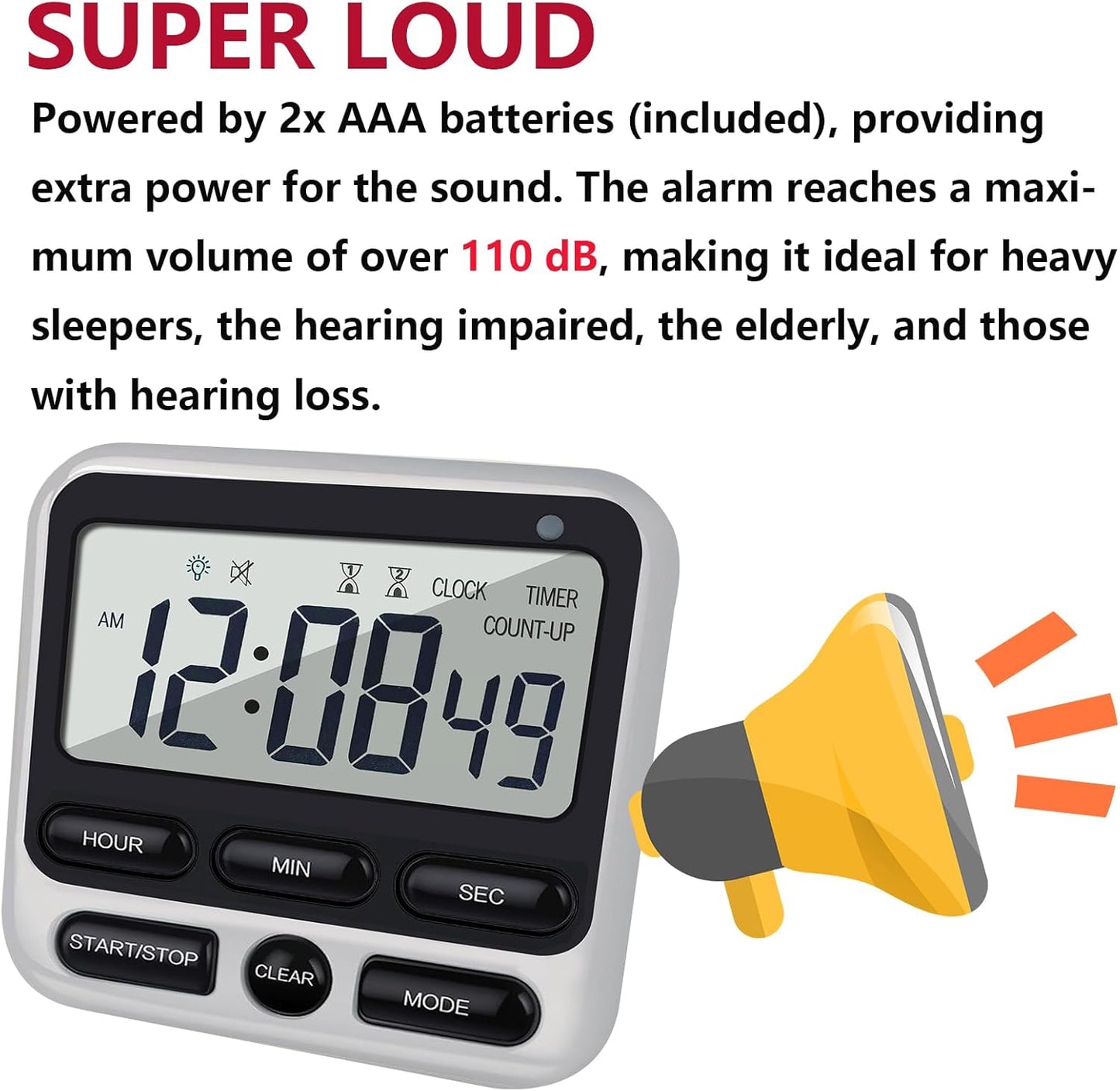 Digital Dual Kitchen Timer with Strong Magnet,24-Hour Countdown & Stopwatch,Loud Alarm,12/24 Hour Clock Switch,Calendar,Visual Indicator Light,Mute Option,3 Placement Options (Batteries Included)