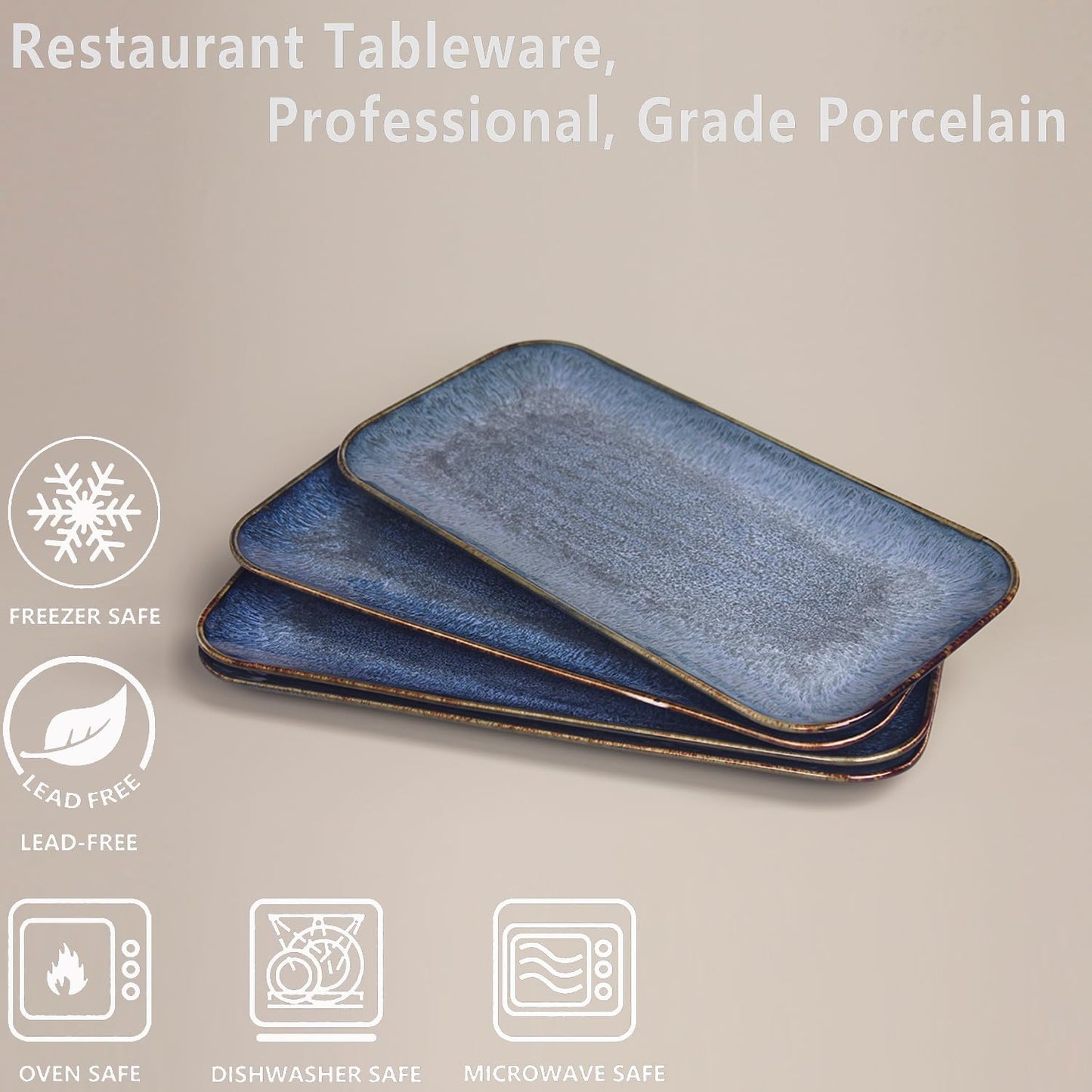 Porcelain Dinner Plates set dessert salad dish Set of 4,Main Dish for Steak,Bread, Pasta,Salad, Microwave Oven and Dishwasher Safe,Scratch Resistant Reusable 9.8 INCH Rectangular