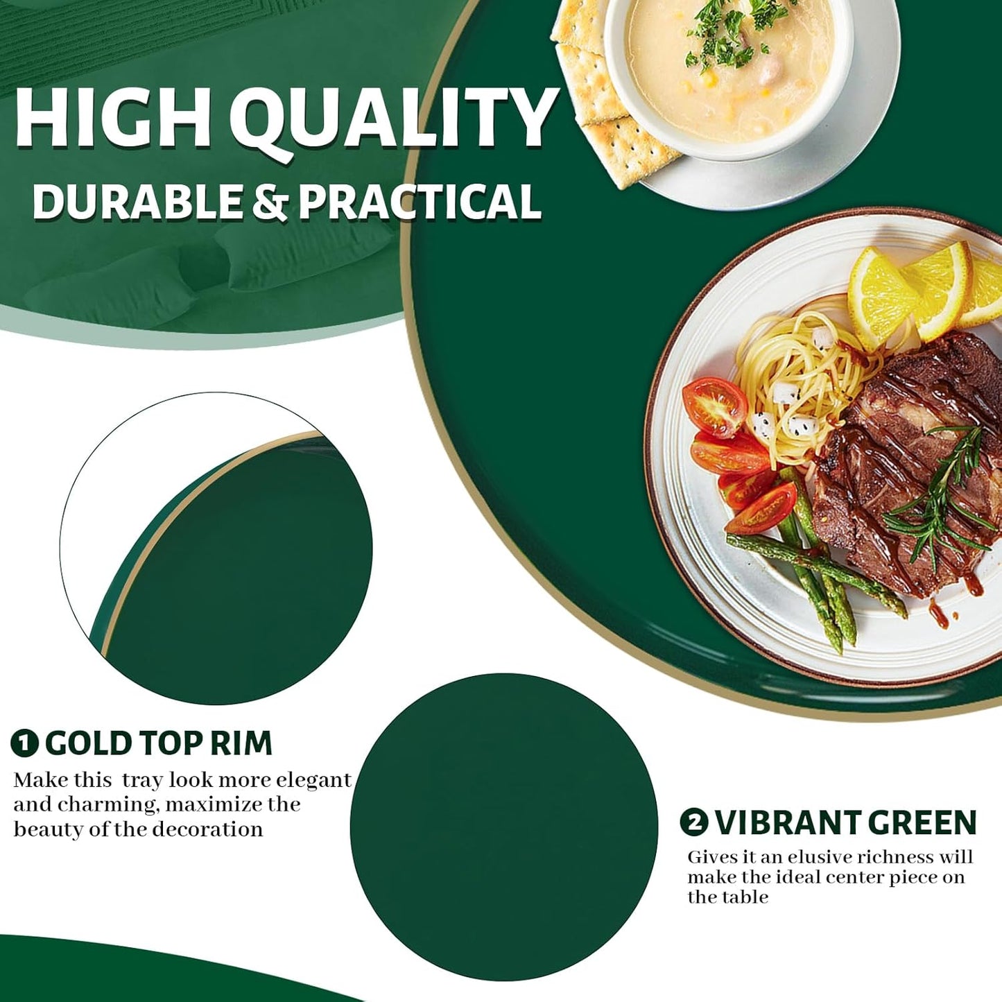 MAONAME Dark Green Decorative Tray, 13" Round Serving Tray with Handles, Plastic Trays for Coffee Table, Modern Ottoman Trays for Living Room, Bedroom