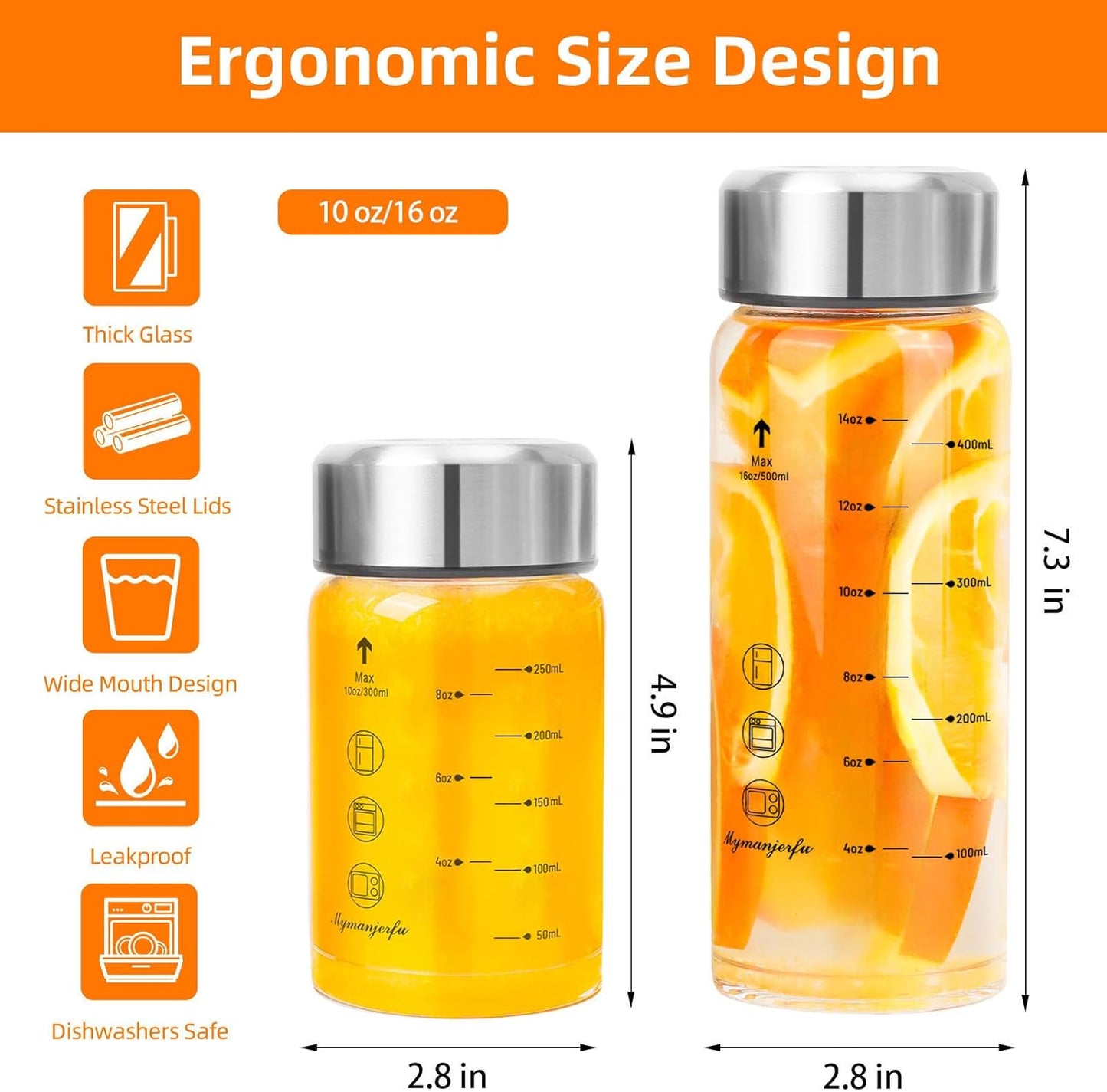 Glass Juice Bottles 4 Pack 10 oz - Wide Mouth Glass Water Bottles with Lids - for Juicing, Smoothies, Milk, Protein, BPA Free, Reusable, Stainless Steel Lids, Leak Proof, Shaker bottle [10oz/300ml]