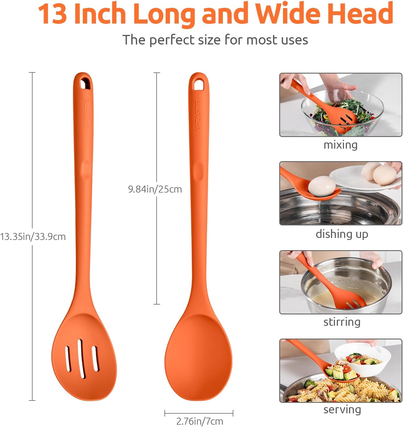 600ºF Heat Resistant Silicone Spoons: U-Taste 13.3in Solid & Slotted Kitchen Cooking Spoon, Nonstick Long Rubber Utensil, Sturdy for Mixing, Serving, Stirring, Frying, Draining (Orange, 2PCS)