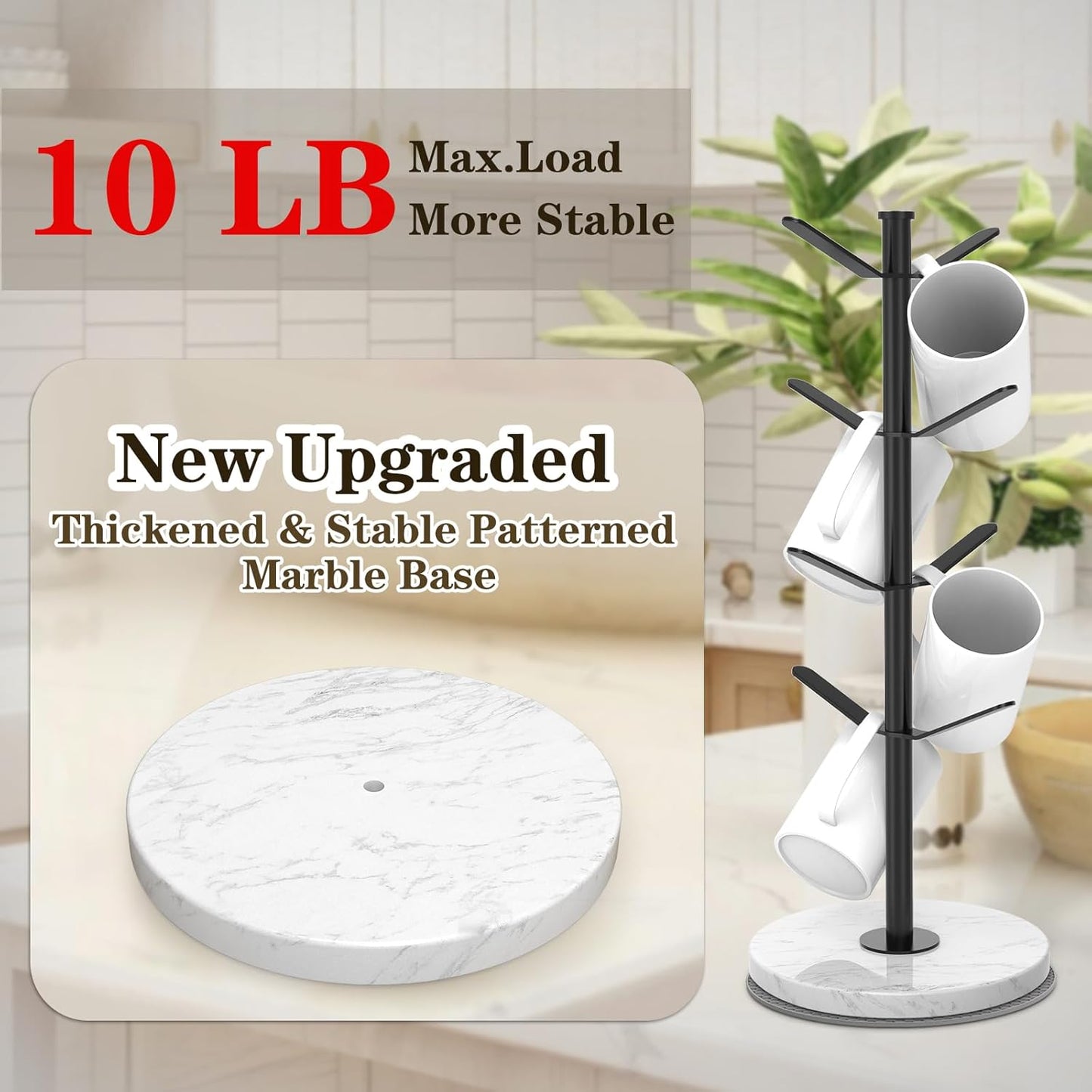 Marble Mug Holder Tree, 8 Hooks Coffee Cups Stand, New Upgraded Stable Mug Stand for Kitchen Counter Cabinet Cafe Black