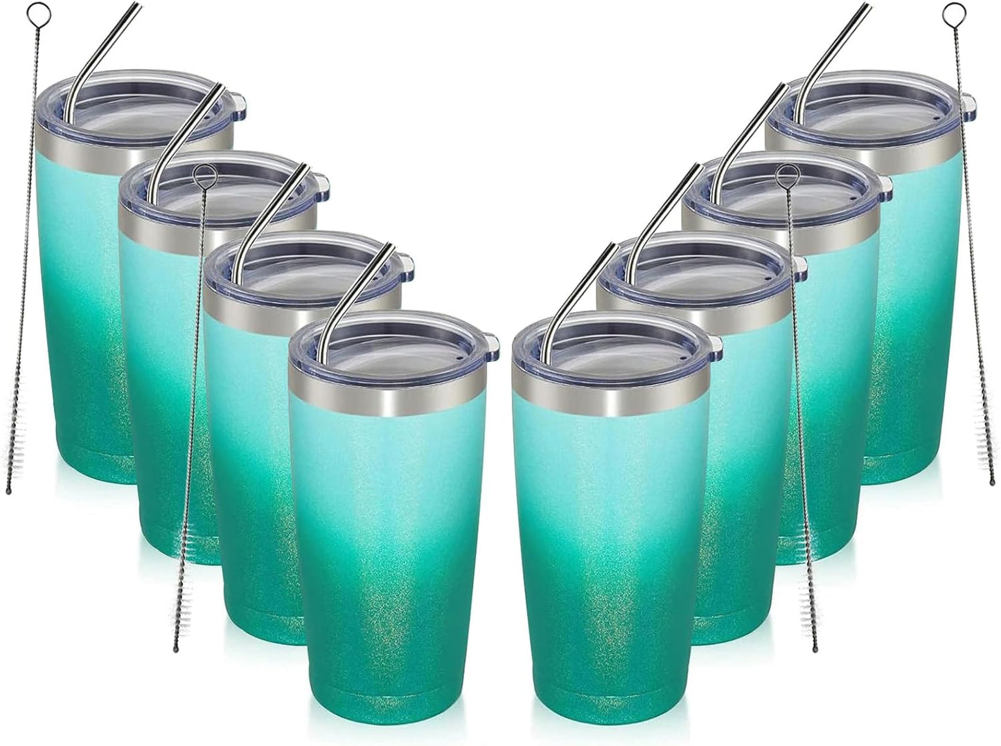 MEWAY 20oz Tumbler 8 Pack Double Wall Vacuum Insulated Travel Glitter Mug Bulk, Stainless Steel Tumblers with Lid and Straw, Powder Coated Coffee Cups for Woman(Gradient Green,Set of 8)