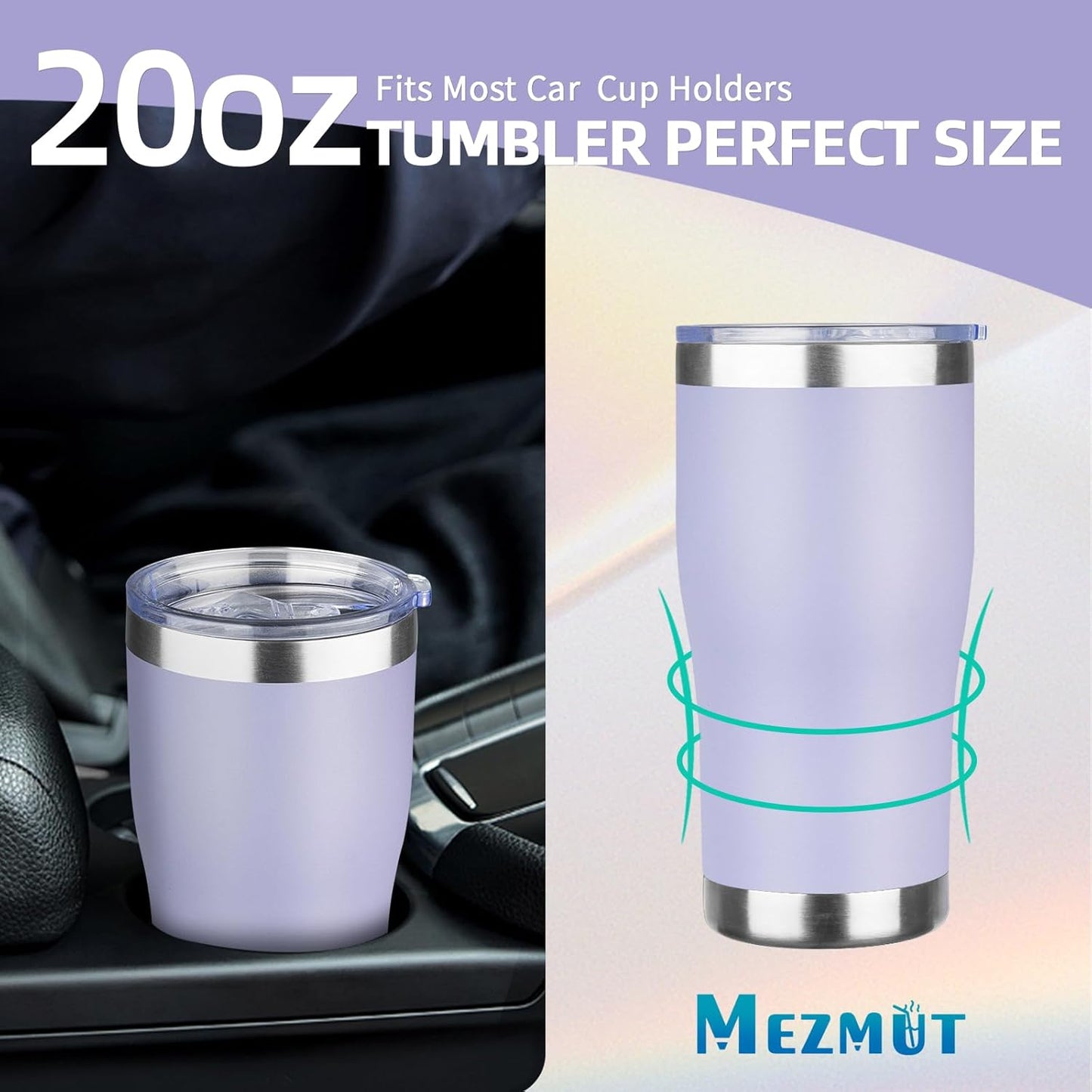 MEZMUT 20oz Coffee Tumbler with Lid and Straw Double Wall Vacuum Insulated Cup Stainless Steel Travel Mugs Insulated for Hot & Cold Leakproof Powder Coated Tumbler for Indoor Outdoor(Light Purple)