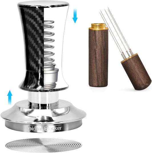 53mm Espresso Coffee Tamper for Espresso Machine: Calibrated Spring Loaded & Stainless Steel Ripple Base - Carbon Fiber Handle with Constant 30lb Fits All 54mm Portafilters | Bundle Including WDT Tool