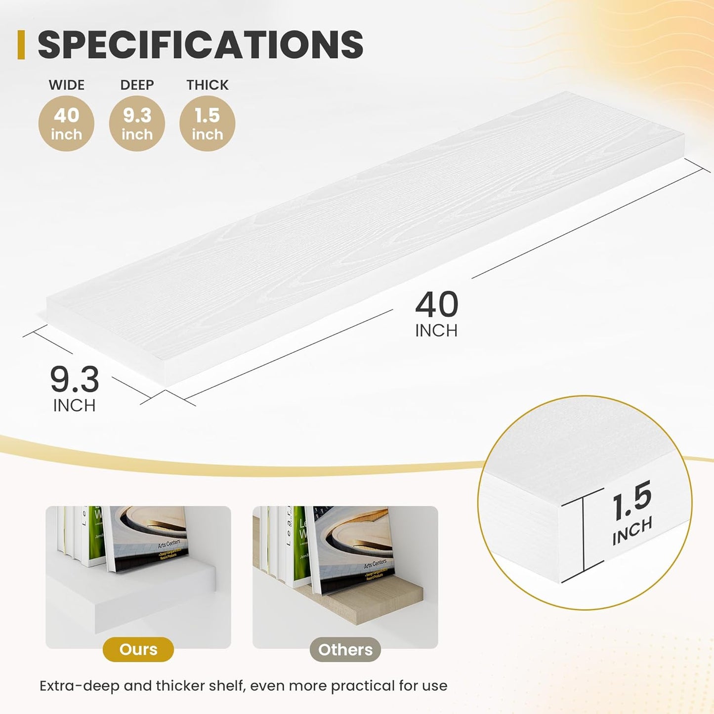 40 Inch Floating Shelves, 9.3" Deep Floating Shelf Wall Mounted, 40" Wall Shelves, Rustic Deep Bookshelf, Large Display Shelves & Storage Shelves for Bedroom, Living Room, White, Set of 2