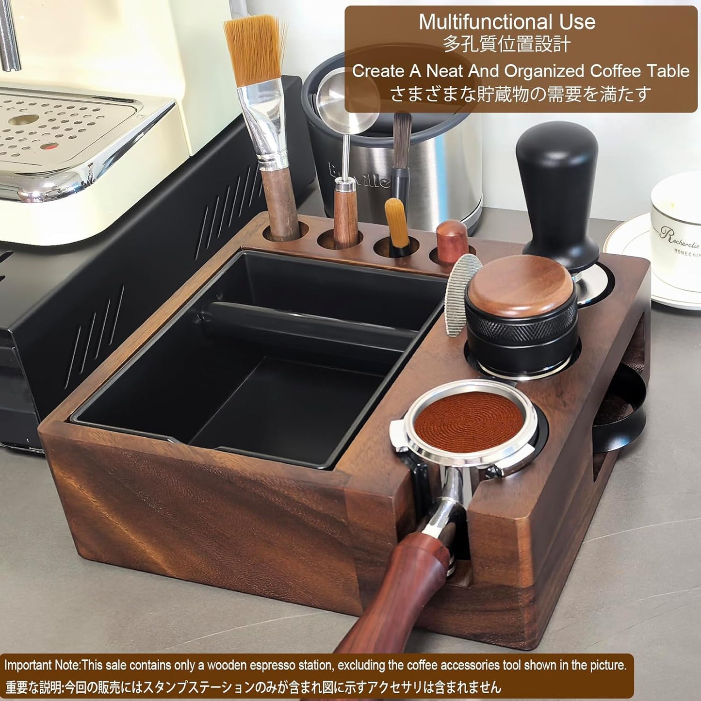 Espresso tamping station and knock box,Wooden portafilter holder,Espresso organizer station box,Tamping station fit for storage 51/54/58mm coffee accessories,Multifunctional espresso station