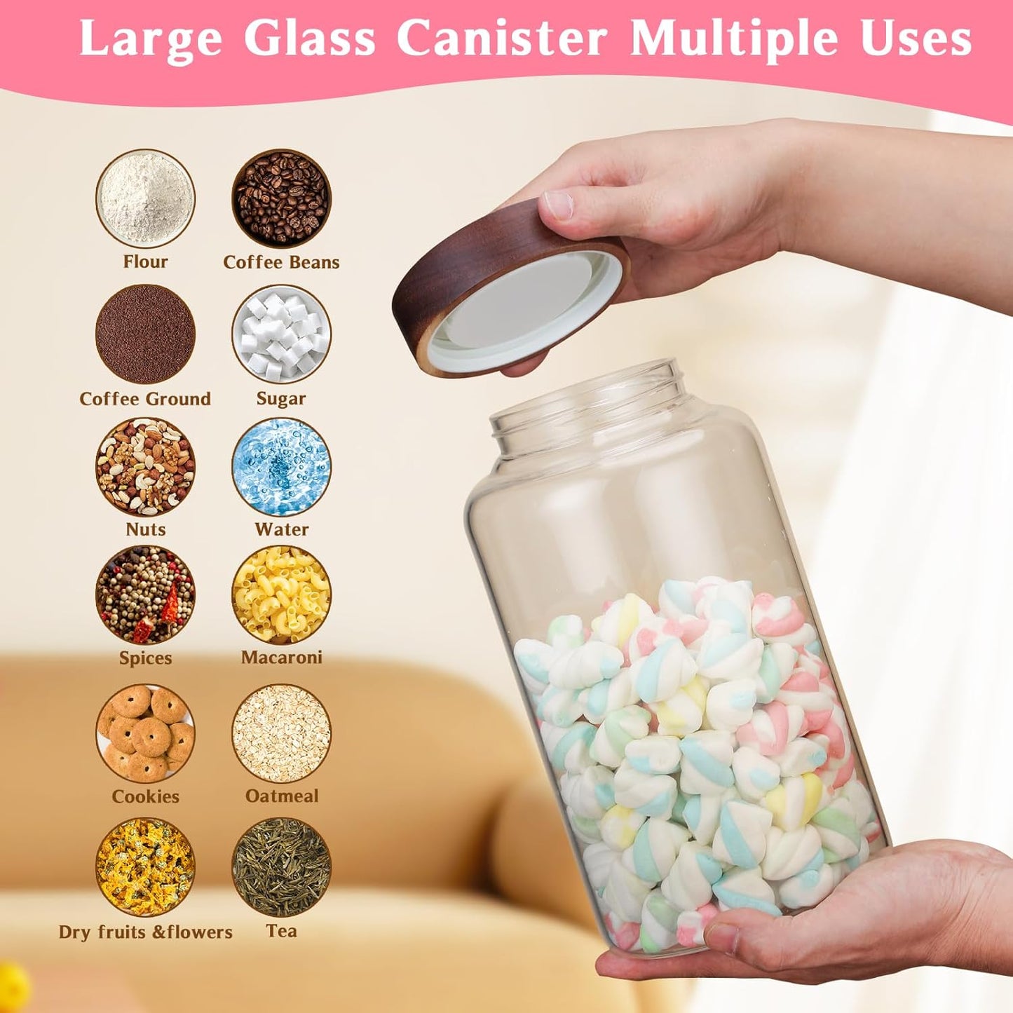Large Glass Coffee Jars with Spoon,Round Storage Canister with Wooden Lid Clear Glass Food Jar for Pantry Sugar Tea Coffee Bean Spice Nuts Cookies Bath Salts (2300ml/77oz)