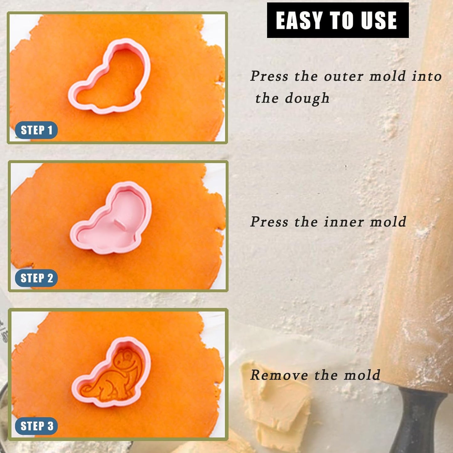 8 Pcs Dinosaur Cookie Cutters Set Baking Molds 3D Dinosaur Press type Cookie Cutter for Baking, Fondant, Cheese, and Pastries