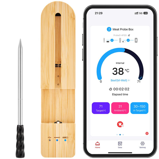 Amsau Wireless Smart Meat Thermometer with Bluetooth | Long Range | Measures Internal & Ambient Temp | for BBQ, Oven, Grill, Kitchen, Smoker, Rotisserie (Black)
