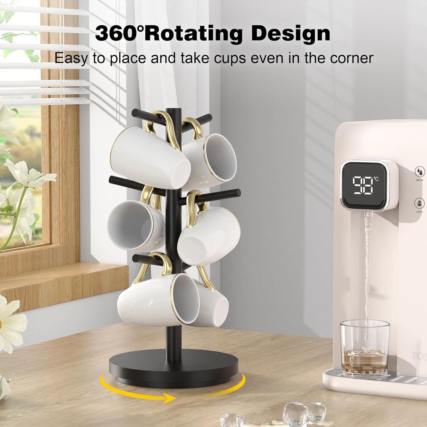 Wisuce Coffee Mug Holder Tree Upgraded 360Rotated Cup Holder for Counter Black Wood Cup Tree Mug Rack Organizer Stand with 6 Hooks for Kitchen Coffee Bar Accessories