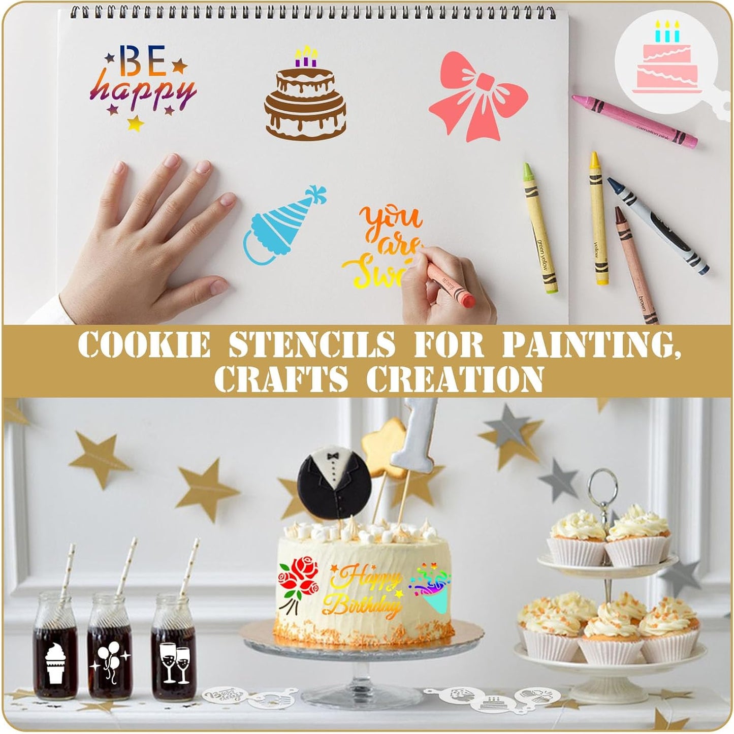 JULBEAR Birthday Cookie Stencils, 36 Pieces Reusable Coffee Decoration Stencils Templates Tools for Cookies Baking Painting Dessert Decoration DIY Birthday Party Decor