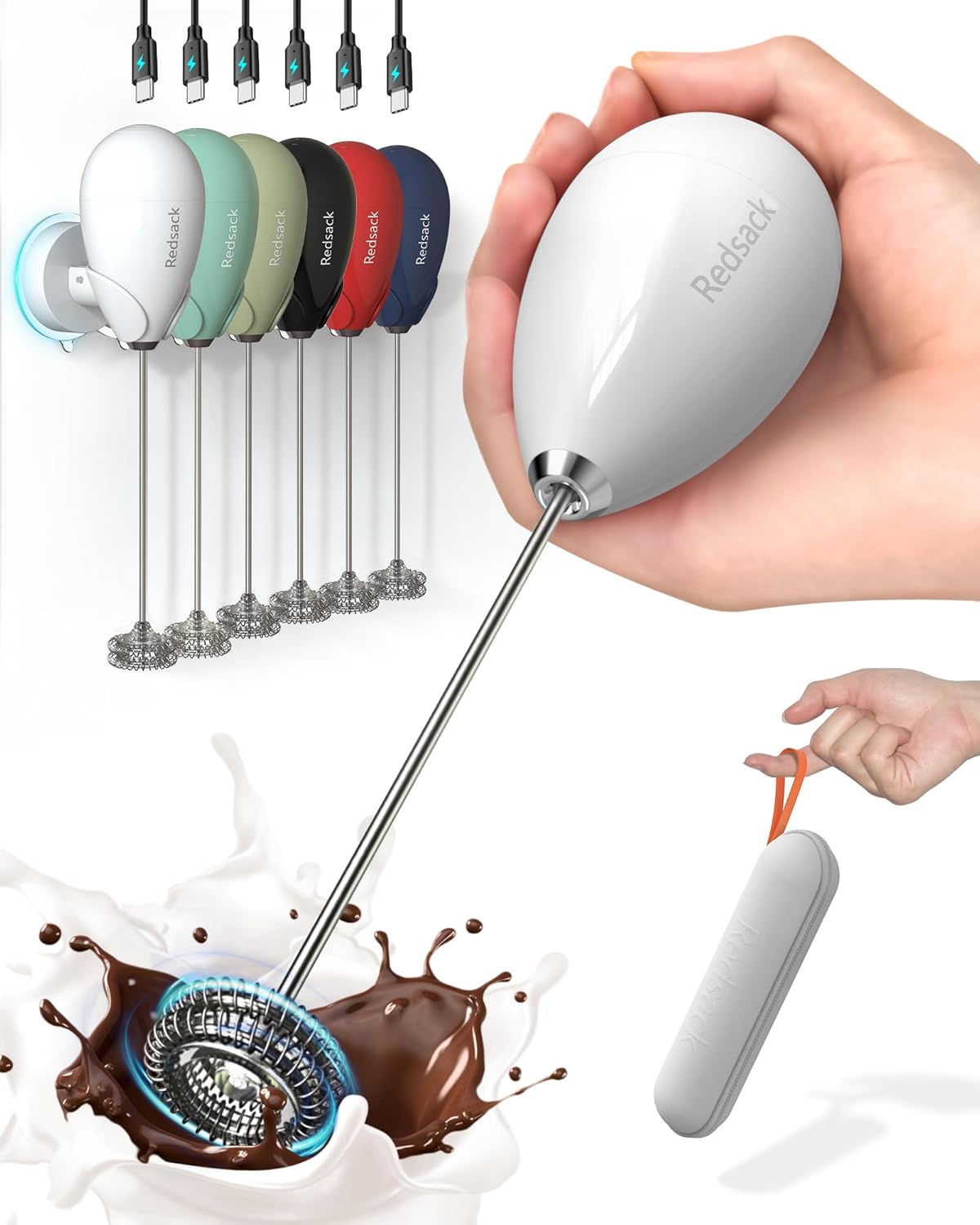 Rechargeable Milk Frother Handheld, Travel Portable Frother Wand for Coffee, USB C Electric Whisk with Stand & Case, Waterproof Hand Drink Mixer for Lattes, Cappuccino, Matcha, Egg (White)