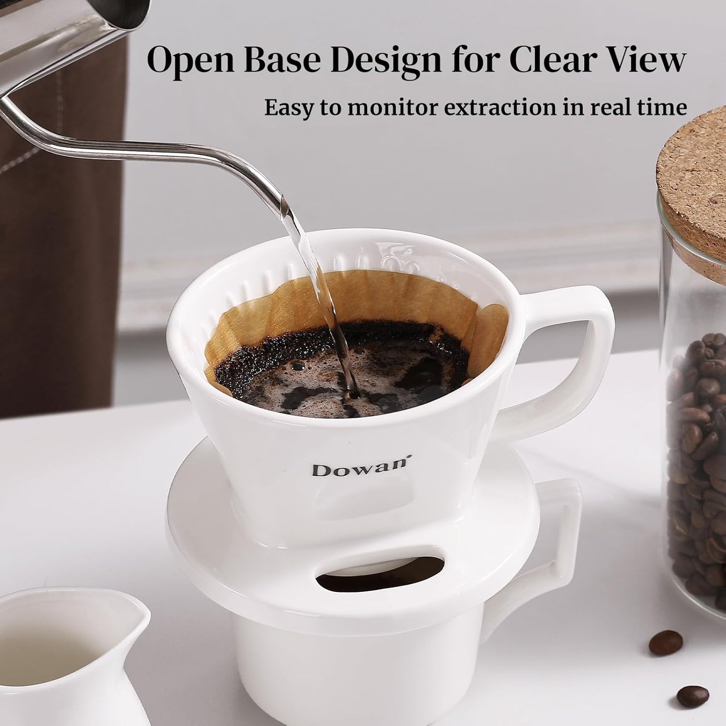 DOWAN Pour Over Coffee Maker, Non-Electric Pour Over Coffee Dripper with Open Base Design, Manual Brew Maker, Single Cups Porcelain Slow Brewing Accessories for Gifts, White
