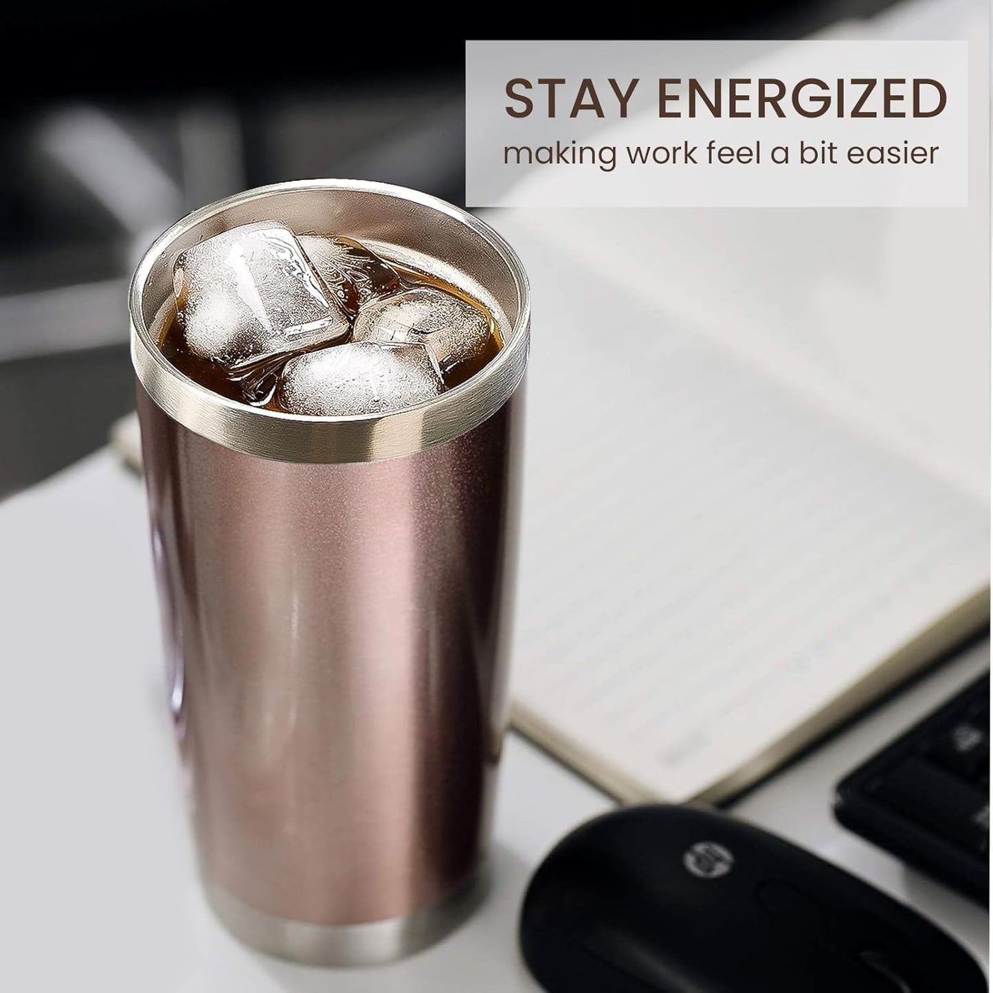 MEWAY 20oz Tumbler 2 Pack Double Wall Vacuum Insulated Travel Mug Bulk, Stainless Steel Tumblers with Lid and Straw, Durable Powder Coated Coffee Cups for Cold & Hot Drinks (Rose Gold, 2)