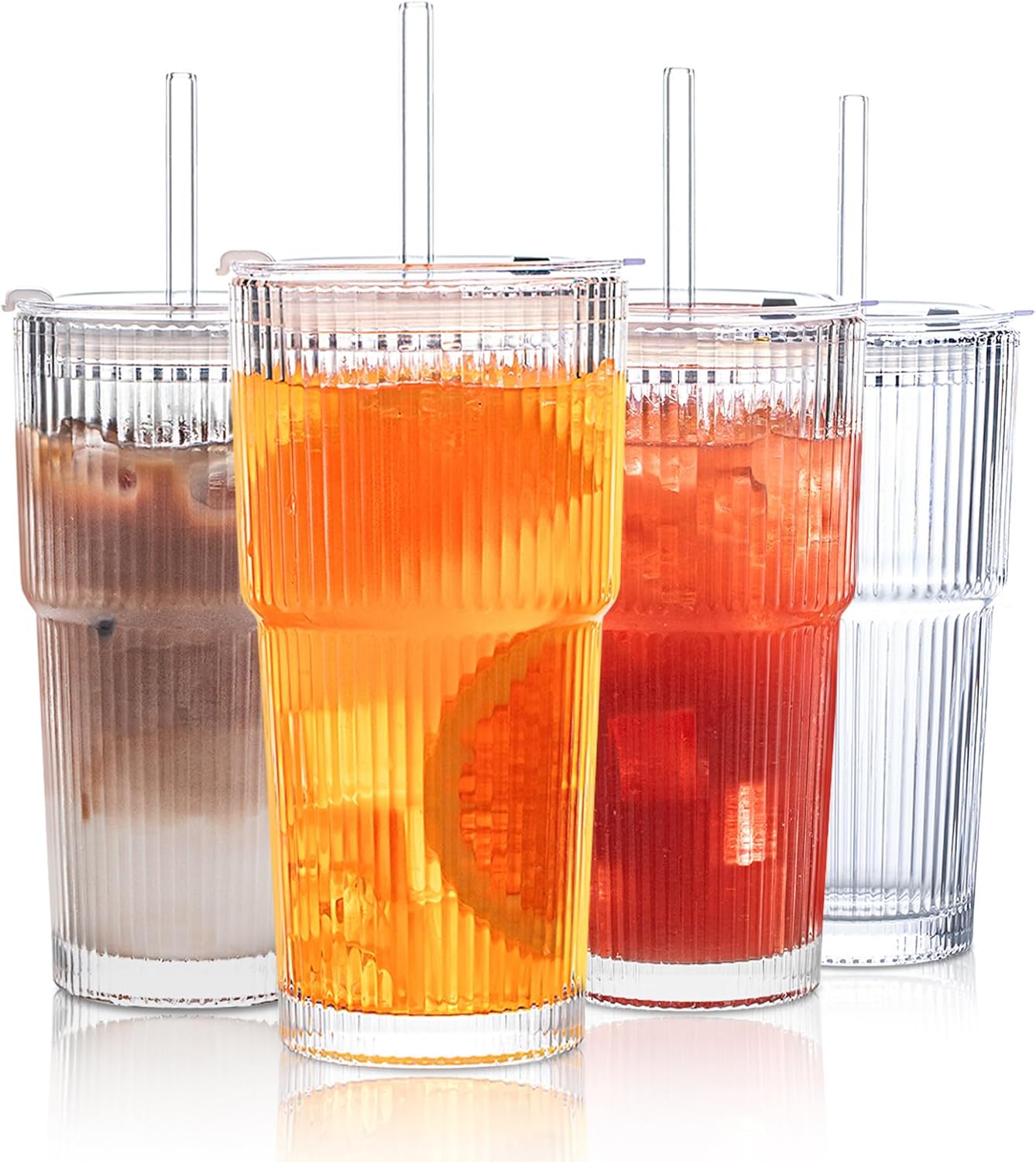 INSETLAN 20 oz Ribbed Glass Tumblers with Lids and Glass Straws – 4-Piece Glassware Set, Thickened Glass, Ideal for Iced Coffee, Smoothies, Cocktails, and Juices – Elegant and Durable Drinkware