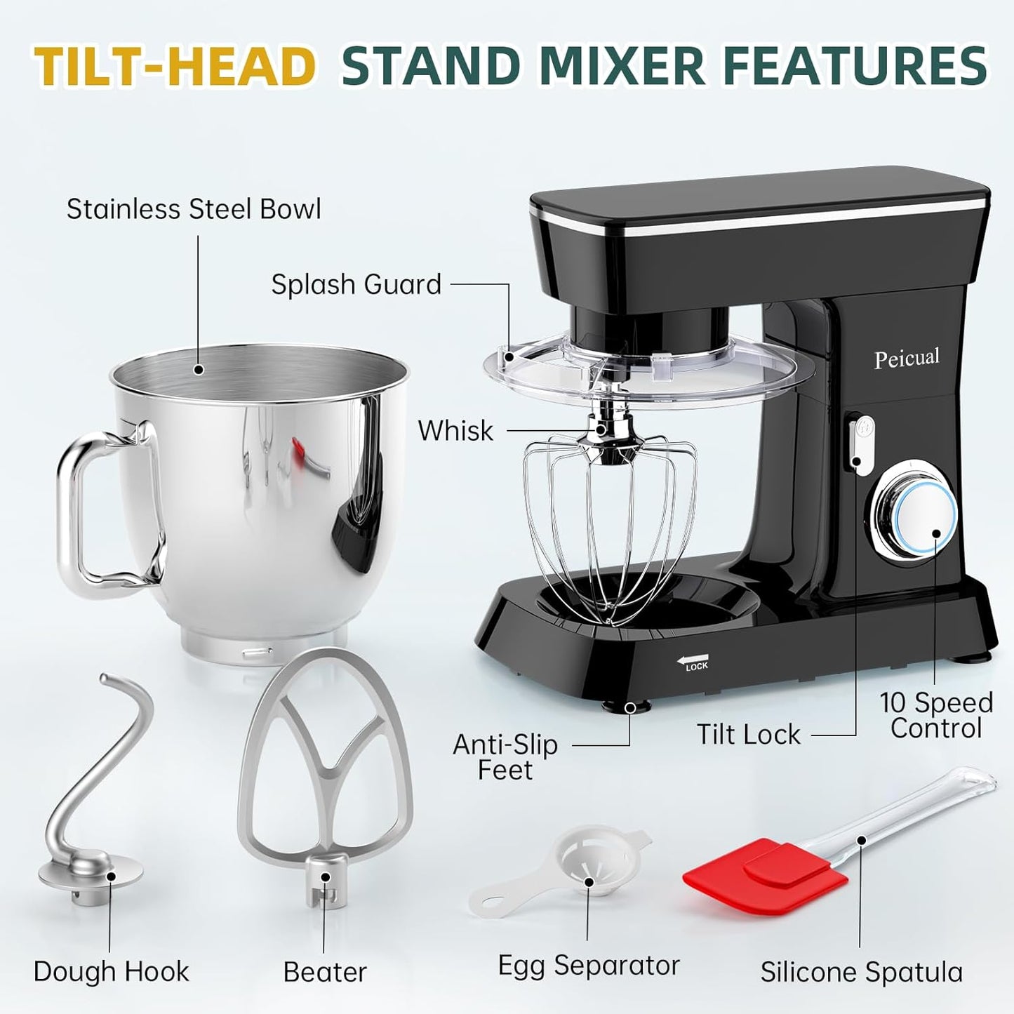 Stand Mixer, 6QT 10+P Speed Tilt-Head Kitchen Electric Mixer, Food Mixer with Stainless Steel Bowl, Dough Hook, Flat Beater, Wire Whisk, Splash Guard for Daily Use - Black