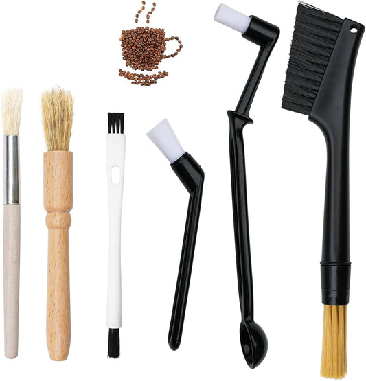6-piece coffee grinding brush set, coffee grinding natural bristle brush and nylon espresso brush, coffee machine dust removal cleaning brush