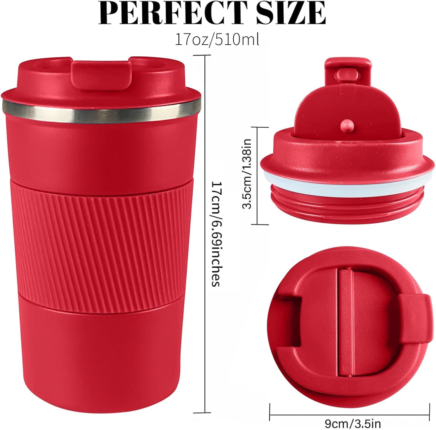 YINBAOGE Insulated Travel Coffee Mug Spill Proof Leak Proof Pobtable To Go Camping Stainless Steel Coffee Tumbler Reusable Coffee Cups with Lids Thermos for Hot and Cold Drink (Red, 17 OZ)