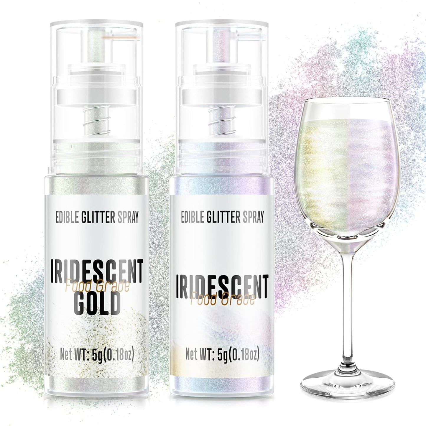 Edible Glitter Spray,2 Colors Iridescent & Iridescent Gold Food Grade Edible Glitter Set for Drink Cake Beverages,Cupcakes,Cake Pops and Cookies Decorating