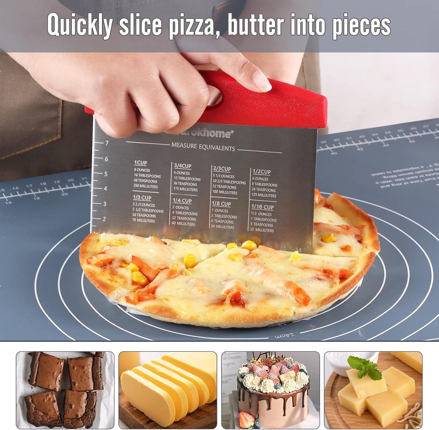 Ourokhome Dough Pastry Bench Cutter Scraper, Stainless Steel Pizza Cutter for Kitchen Baking, Dishwasher Safe, Anti-Wear Laser-Engraved Measuring Scale and Conversion Chart, 2 Pack, Red