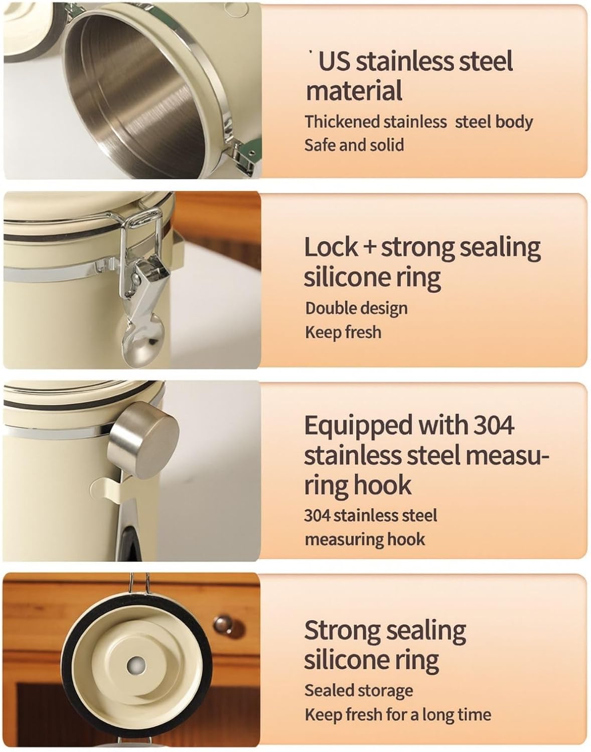 Airtight Coffee Canister 1.8L with Wooden Lid Scoop Set, 304 Stainless Steel Food Storage Container with CO₂ Valve, for Beans, Grounds, Tea, Sugar, Flour, Nuts (Black,1.8L)