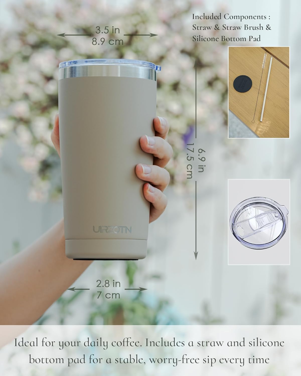 Travel Coffee Tumbler 20oz, Leakproof Travel Coffee Mug with Lid and Straw, Stainless Steel Double Wall Vacuum Insulated Tumbler for Hot/Iced Drinks (Textured Matte, Brown)