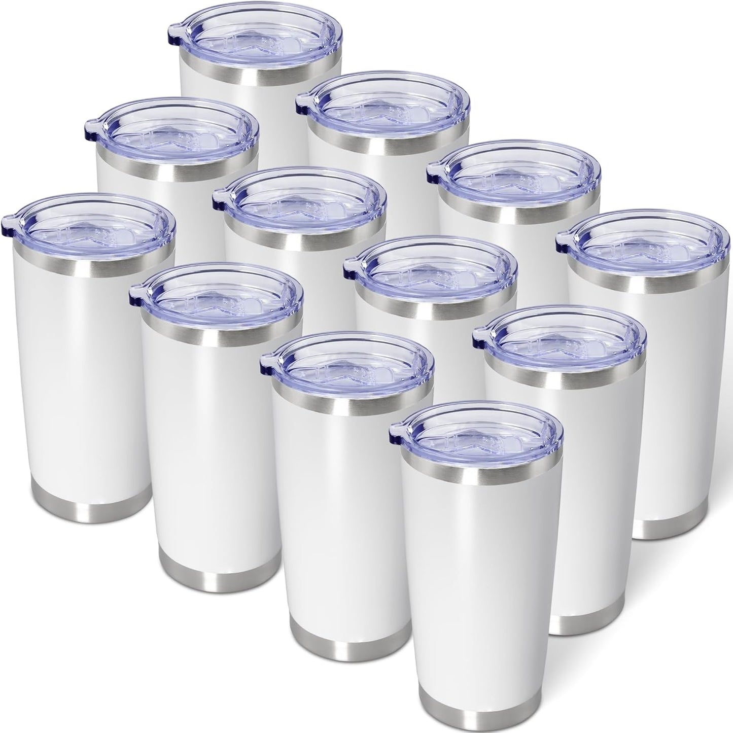 20oz Tumbler Bulk Stainless Steel Tumblers with Lid Vacuum Insulated Double Wall Travel Coffee Mug Powder Coated Tumbler Cup for Hot and Cold Drinks(White, 12 pack)