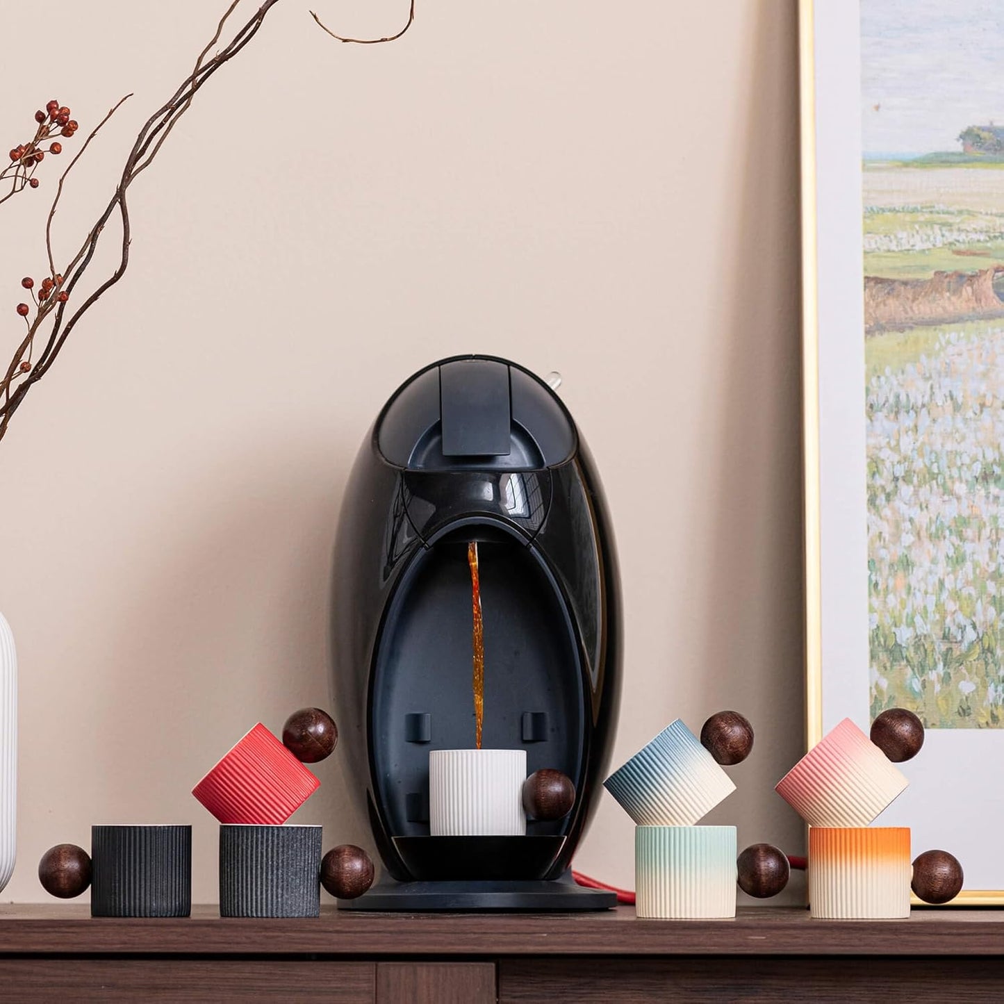 Ceramic Mini Espresso Cups Demitasse Cups with Round Wooden Handle Vertical Stripes Tea Cups (Multicolor-B, 4pcs)