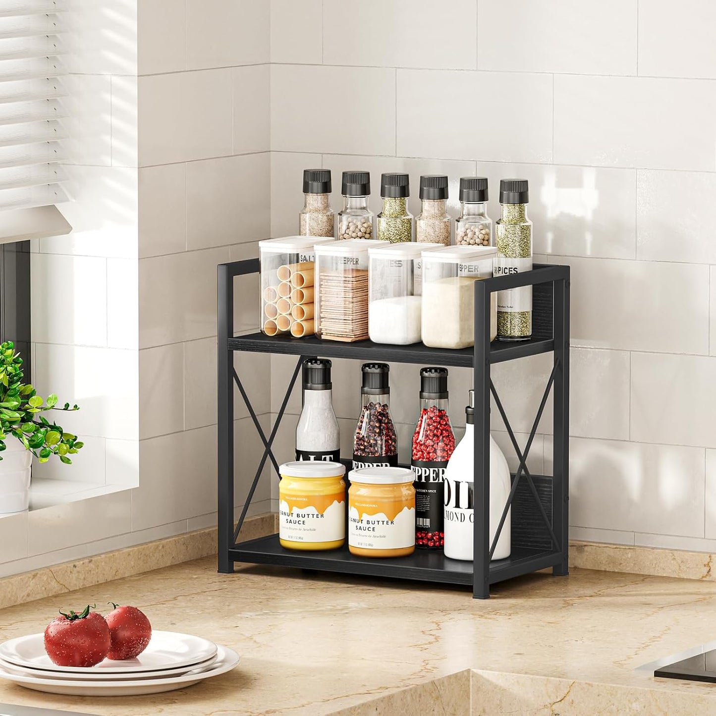 Giikin Countertop Organizer, 2 Tier Coffee Station Organizer for Desktop, Wood Counter Shelf Spice Rack for Kitchen (Black, M)