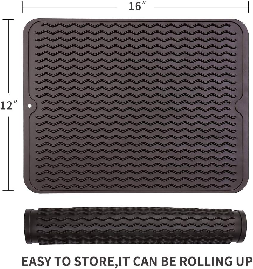 Silicone Dish Drying Mat for Multiple Usage,Easy clean,Eco-friendly,Heat-resistant Silicone Mat for Kitchen Counter or Sink,Refrigerator or drawer liner Coffee L 16 inches x 12 inches