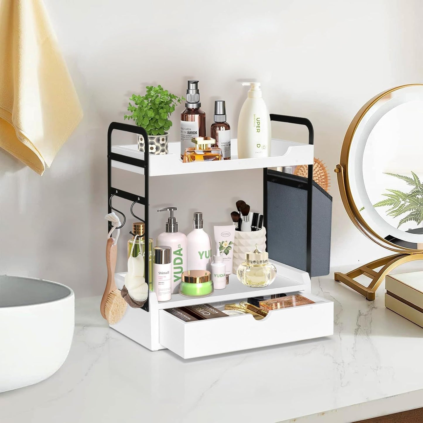 Coffee Station Organizer for Counter, Condiment Storage Caddy for Kitchen with Hooks and Bag,2 Tier Wooden Shelf for Coffee Bar Accessories,Coffee Bar Organizer for Kitchen, Home, Office-Brown