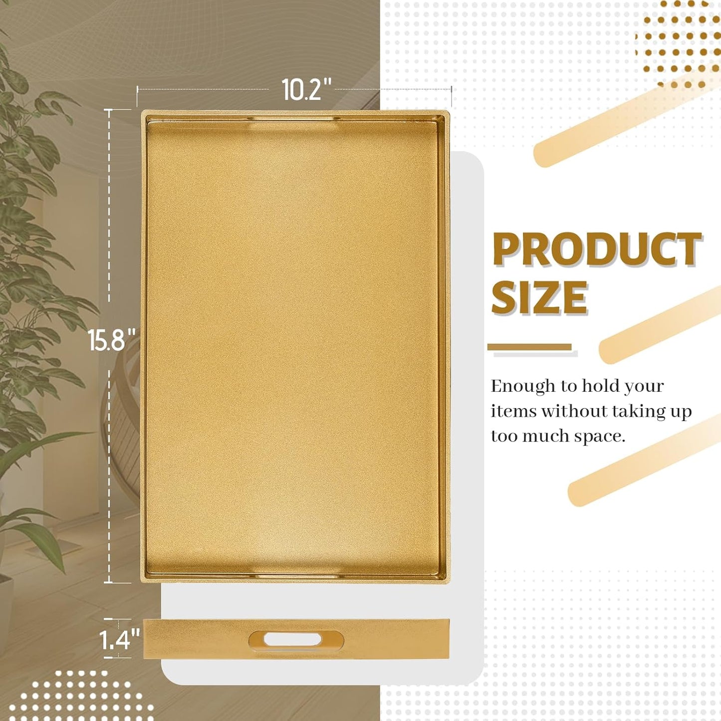 MAONAME Gold Decorative Tray for Coffee Table, Modern Serving Tray with Handles, Plastic Ottoman Trays for Living Room, Bathroom Decor, 15.8" L x 10.2" W x 1.4" H