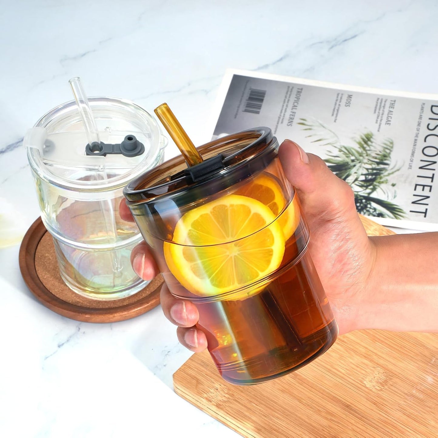 13 oz Glass Tumbler with Glass Straw and Lid, Leak-Proof Reusable Travel Cup for Iced Coffee, Tea, Matcha, Fruit Juice – Thick Wall Clear Water Bottle (Iridescent Shimmer, 2 Pack)