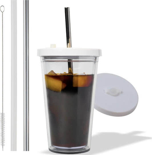 Reusable Iced Coffee Cup (16 Oz/Grande), Leak Proof and Double Wall Insulated Iced Coffee Tumbler, Come with Reusable Plastic and Metal Straws and Straw Cleaner