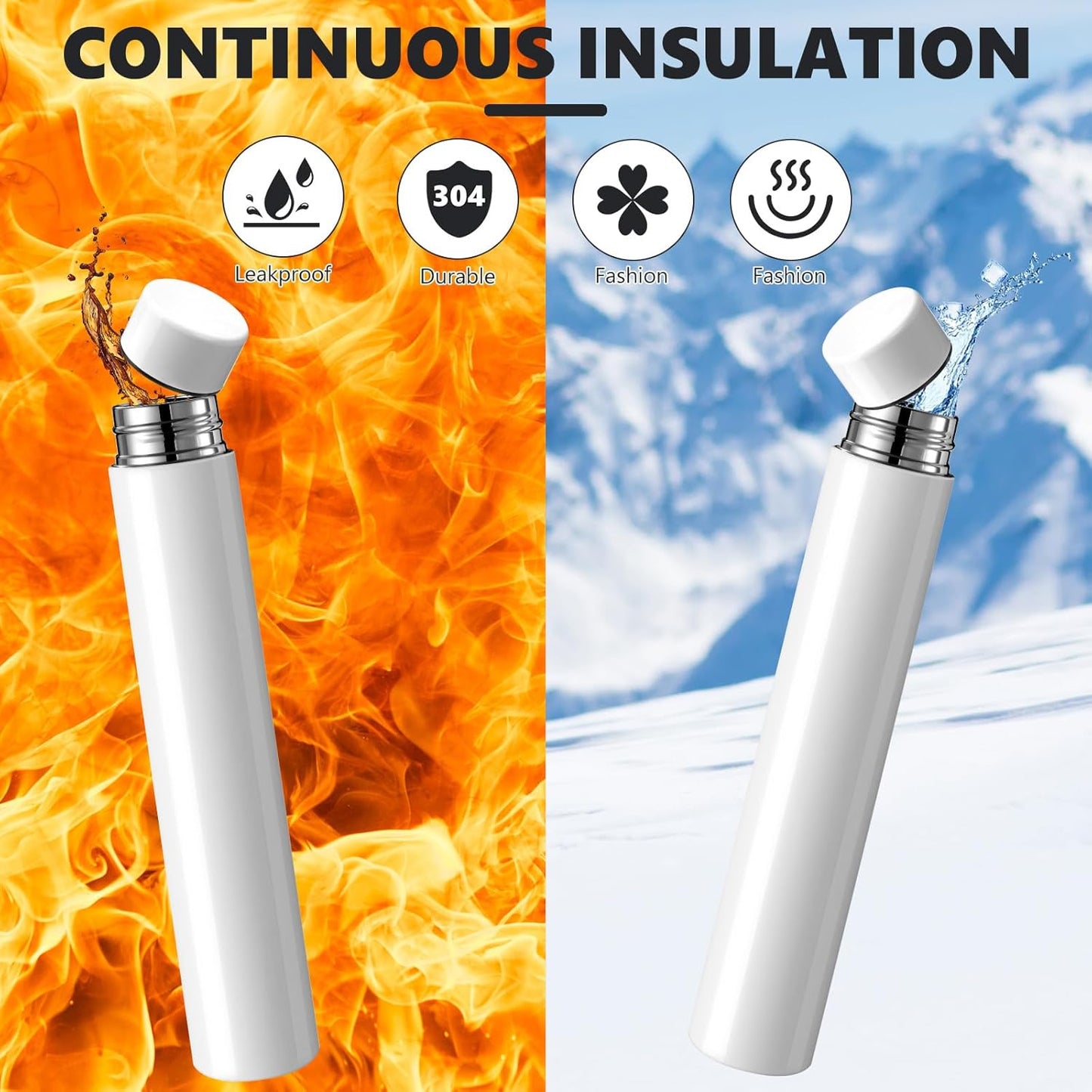 Vesici Slim Water Bottle 8.8 oz Small Stainless Steel Purse Compact Insulated Water Bottles Camping Travel Backpack Pocket Flask for Car Cold Coffee Tea(White,4 Pack)