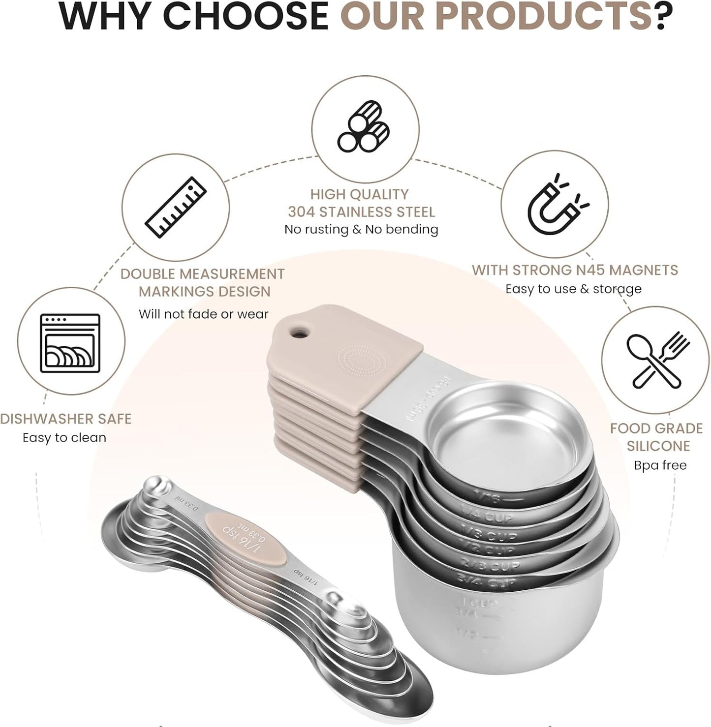 Magnetic Measuring Cups and Spoons Set-Heavy Duty 304 Stainless Steel，Double Measurement Markings，Set of 16 with Leveler for Measure Dry and Liquid Ingredients (khaki)