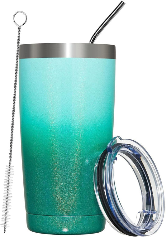 MEWAY 20oz Tumbler Double Wall Vacuum Insulated Travel Glitter Mug,Stainless Steel Tumblers with Lid and Straw, Powder Coated Coffee Cups for Woman (Gradient Green,1)