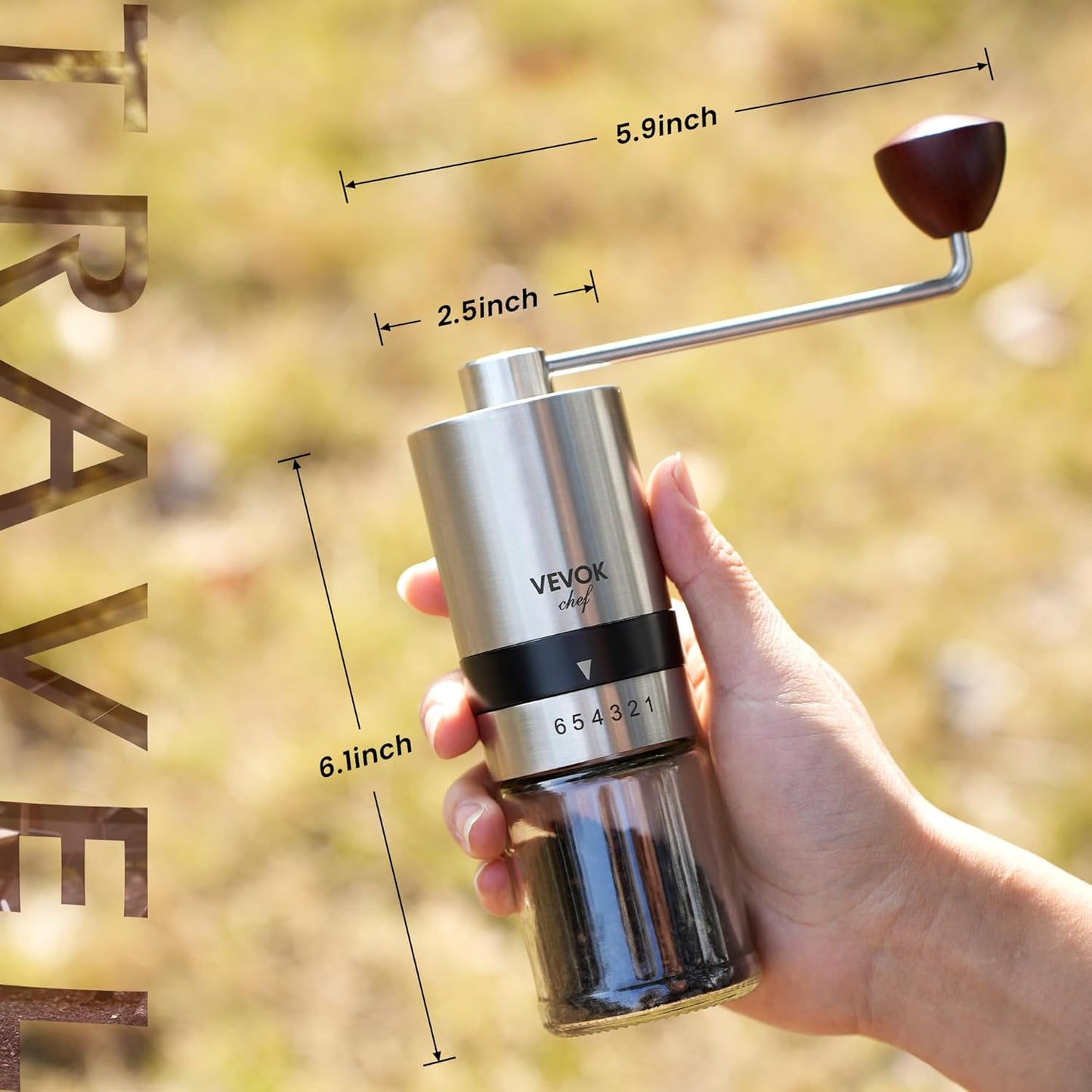 VEVOK CHEF Manual Coffee Grinder Stainless Steel Burr Grinder 6 External Adjustable Setting Vintage Hand Coffee Grinder Portable Hand Crank Conical Coffee Bean Grinder Mill for Home,Camping