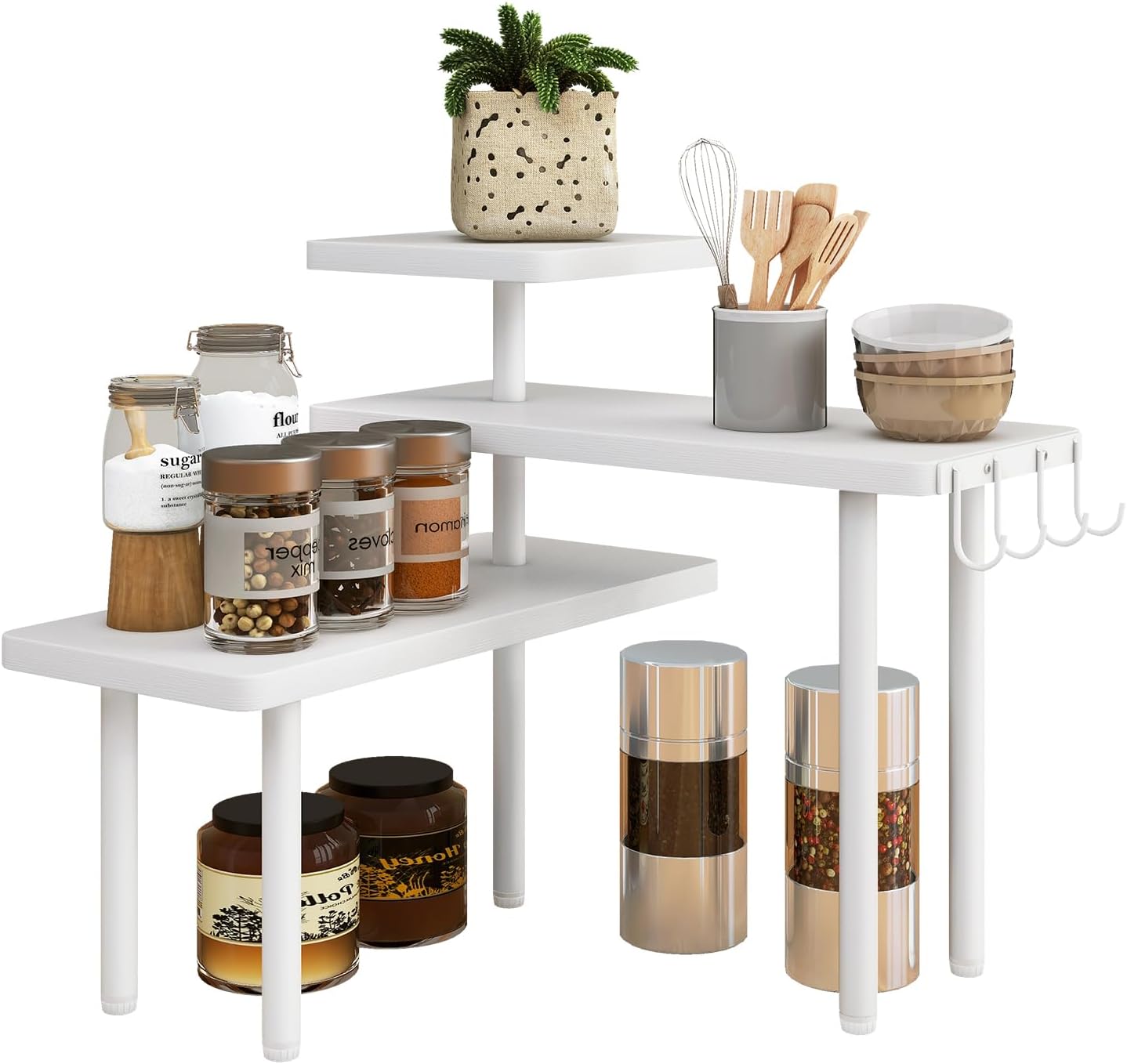 IBUYKE Countertop Organizer,3-Tier Spice Racks,Kitchen Counter Corner Shelf,4 Side Hooks,Adjustable Countertop Shelf for Kitchen, Bathroom, Coffee Bar, Cabinet, Desk,White,TLJ023W
