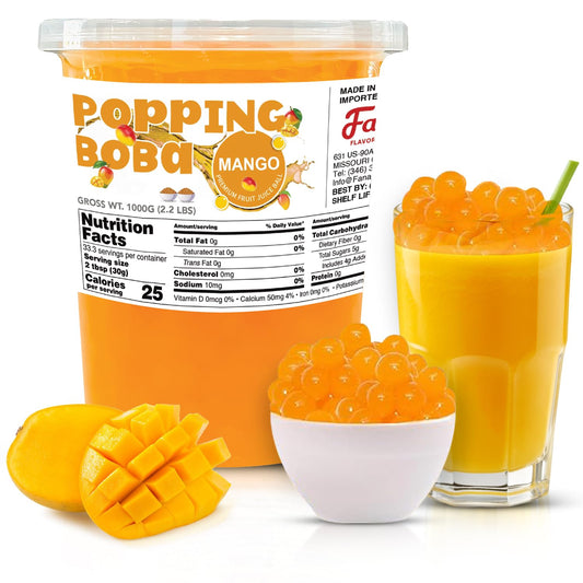 Fanale Mango Popping Boba Pearls, Vegan, Non GMO, Gluten Free, Fat Free, Perfect for Bubble Tea, Smoothies, Ice Cream, Desserts, and Beverages.