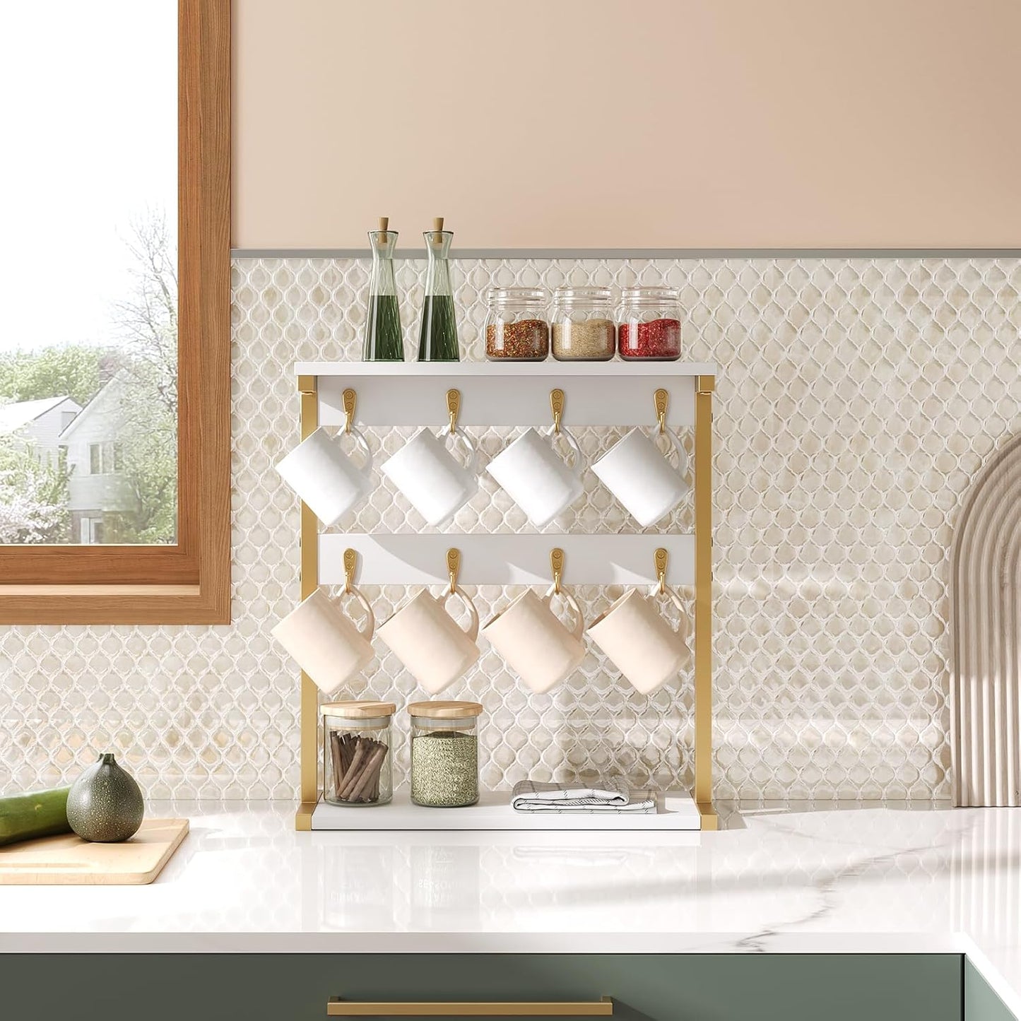 Coffee Mug Holder for Counter, 2 Tier Mug Tree Rack, with 8 Hook and 2 Open Shelves, Vintage Mug Holder Stand for Home Kitchen, White and Gold MH43DW