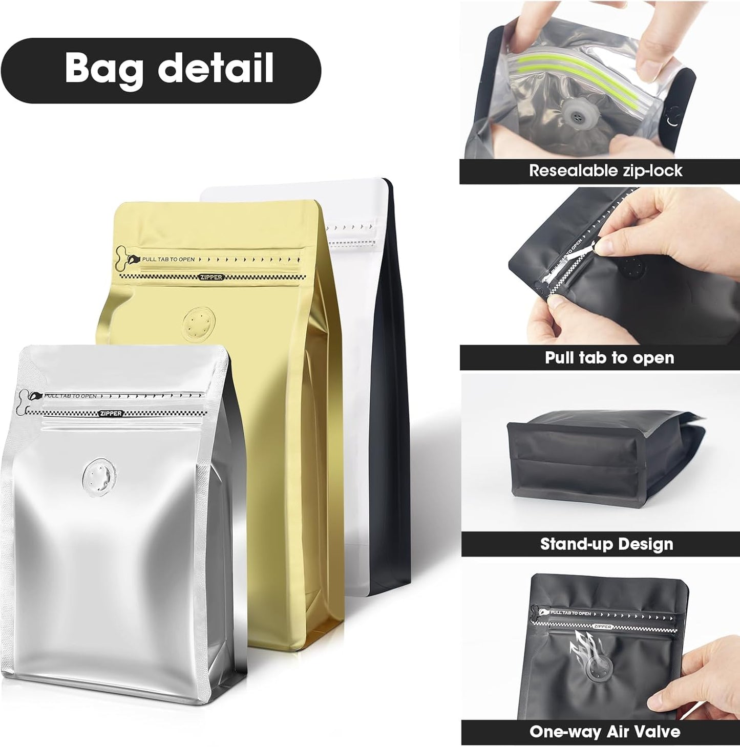 Coffee Bags with Valve(60pcs,8 oz,1/2 lb) Vented Coffee Beans Packaging Bags High Barrier Aluminumed Foil Flat Bottom Heat Sealed Side Zipper Resealable Storage Bag for Home or Business（White+Black）