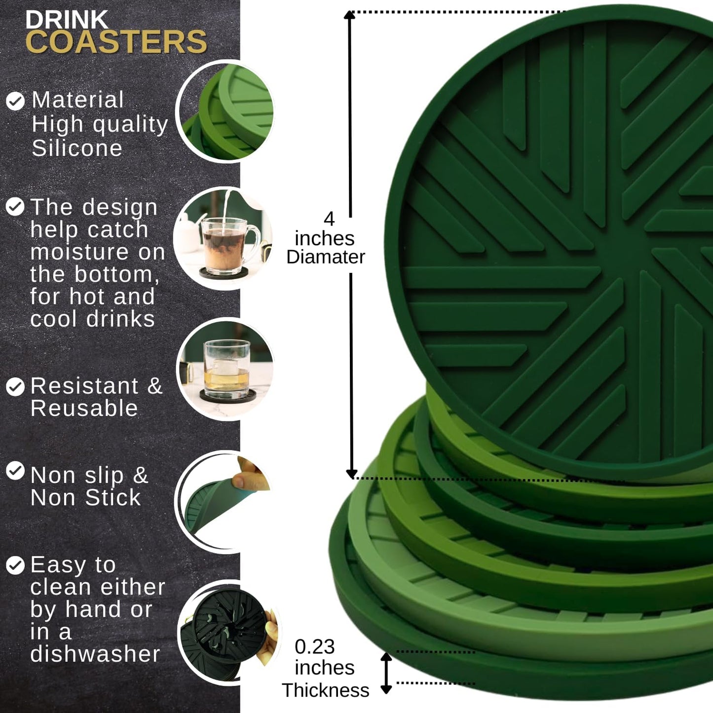 Silicone Coasters Set of 6 with Unique and Modern Patterns for Table Decor - Perfect for Outdoors and Coffee Table Protection- Green Sage