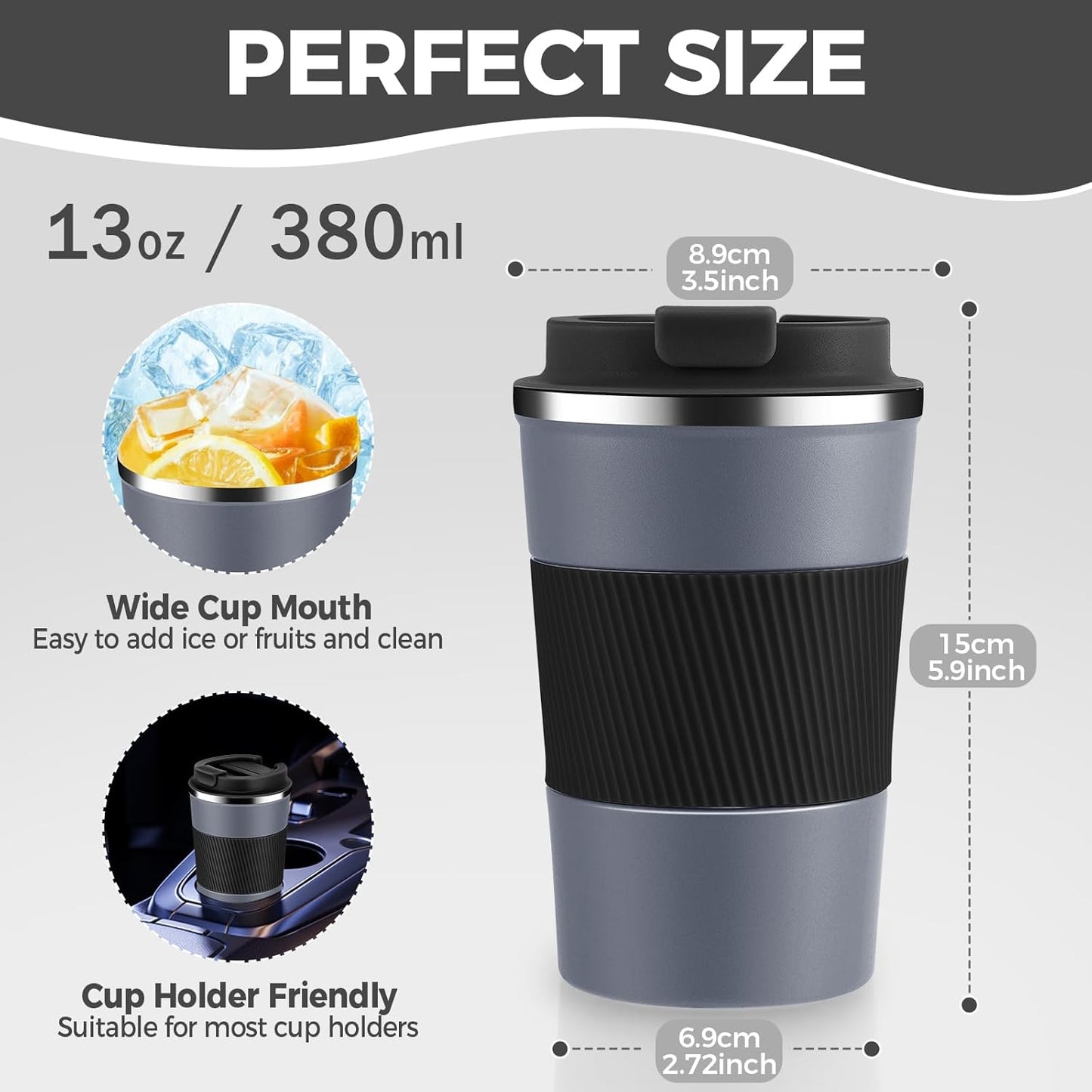 Volhoply 13 oz Stainless Steel Insulated Travel Coffee Mug with Fip Lid,Reusable Double Wall Vacuum Metal Coffee Cup,Portable to Go Leak Proof Cafe Thermal Tumbler for Hot & Cold Drinks(Gray,1)