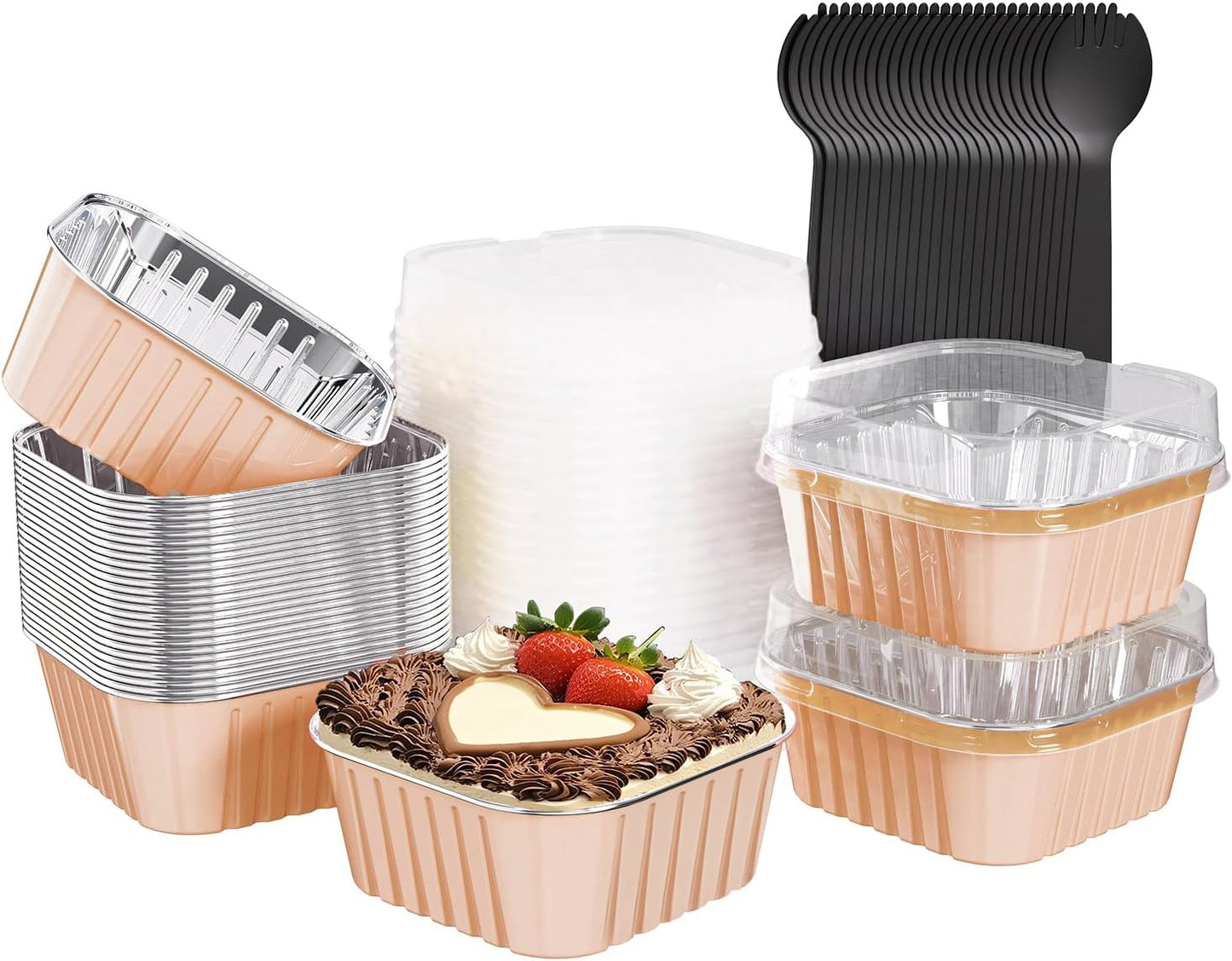 25 Pack Square Mini Cake Pans with Lids,Mini Loaf Pans with Lids,Aluminum Foil Baking Cups,Disposable Ramekins Cupcake Cups,Dessert Cups for Wedding Birthday Party,5oz (Champagne)