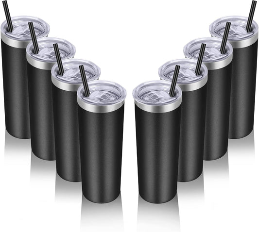 VEGOND Stainless Steel Tumblers Bulk 8 Pack, 20 oz Vacuum Insulated Skinny Tumblers with Lid and Straw, Double Wall Coffee Mug, Travel Water Cup, Black