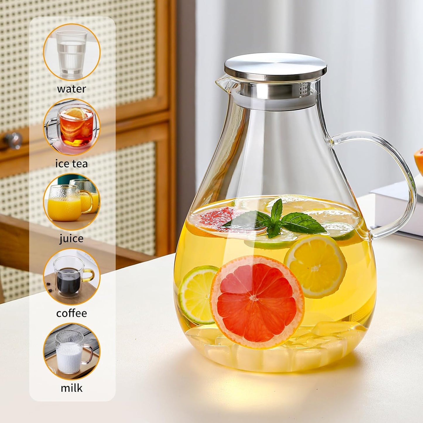 UNBREAKABLE - 1 Gallon Glass Pitcher – 3800ml Heat-Resistant Borosilicate Water Jug with Stainless Steel Lid, Easy to Clean, Handmade Carafe for Hot & Cold Drinks – Modern Style for Home or Office