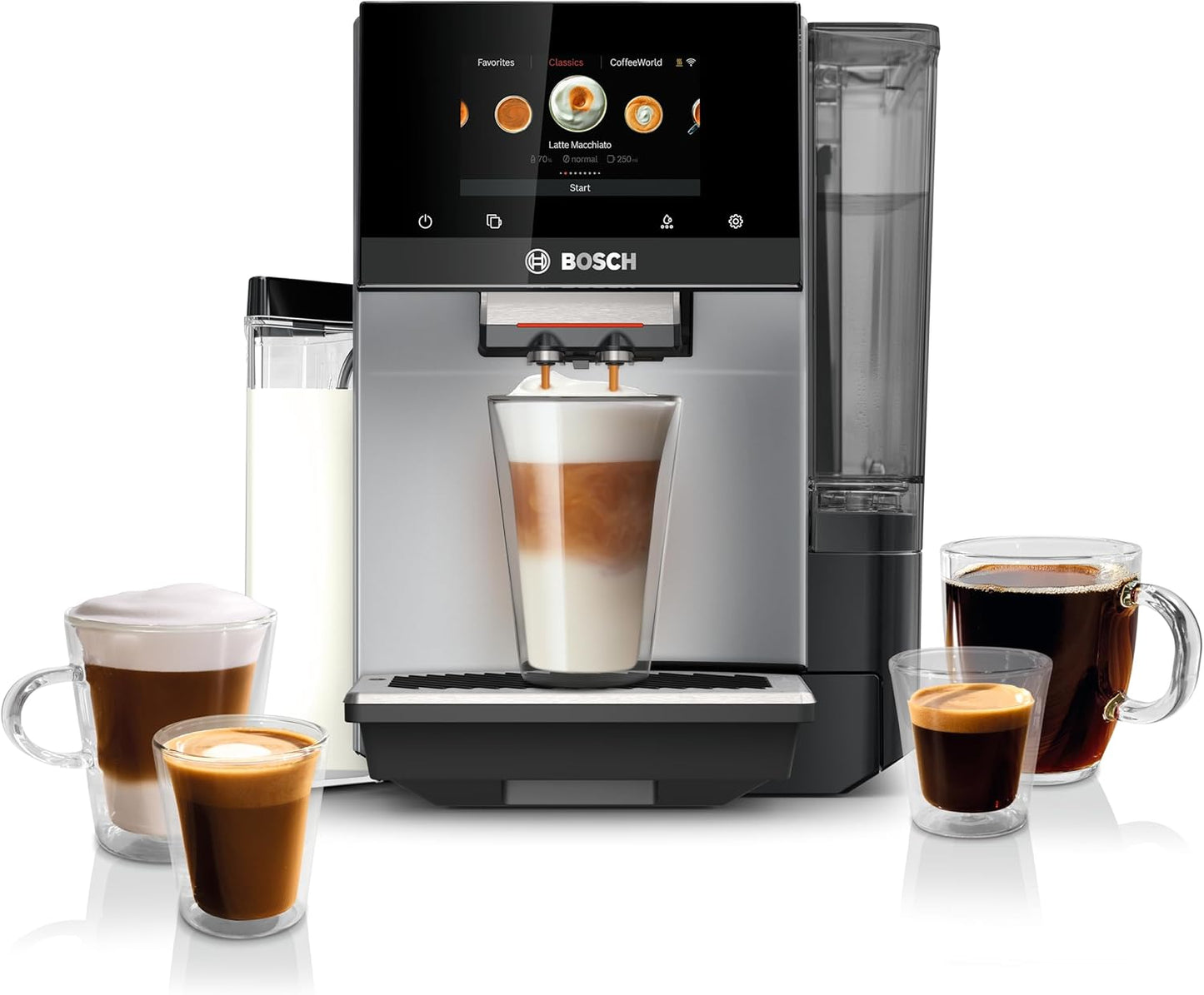 Bosch 800 Series Fully Automatic Espresso and Coffee Machine – 36 Drinks with Coffee World, Cold Brew, Double Cup, Integrated Milk Container, Smart Features, in Silver TQU60307